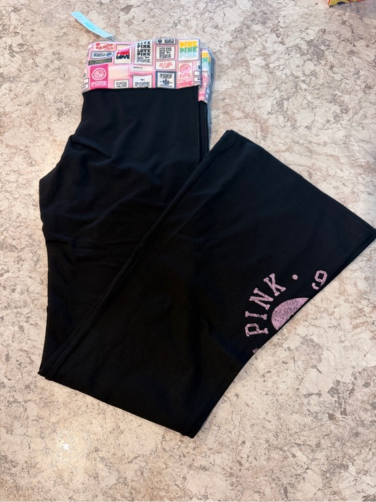 PINK Victoria's Secret Pants - VS PINK FRIDAY Black Colorblock Logo Foldover Cotton Flare Leggings LARGE NWT